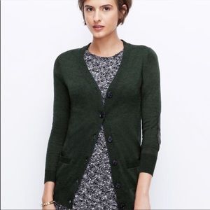 Ann Taylor Green 100% Merino Wool Cardigan with Pleather Elbow Patches Size XL